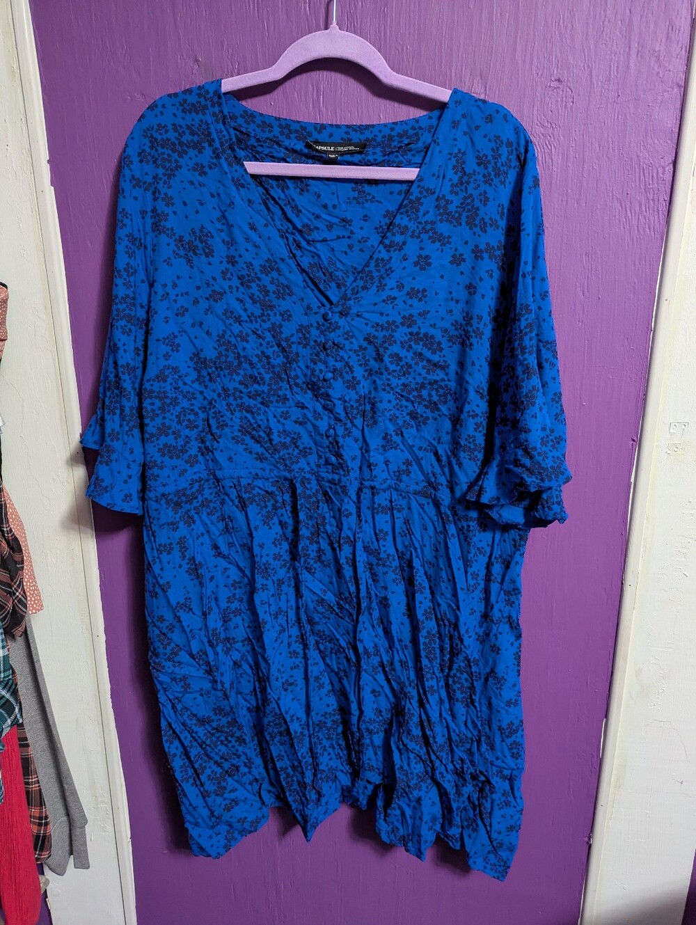 34. Capsule Royal Blue Black Floral Tie Waist Short Sleeve Midi Dress 2X 18